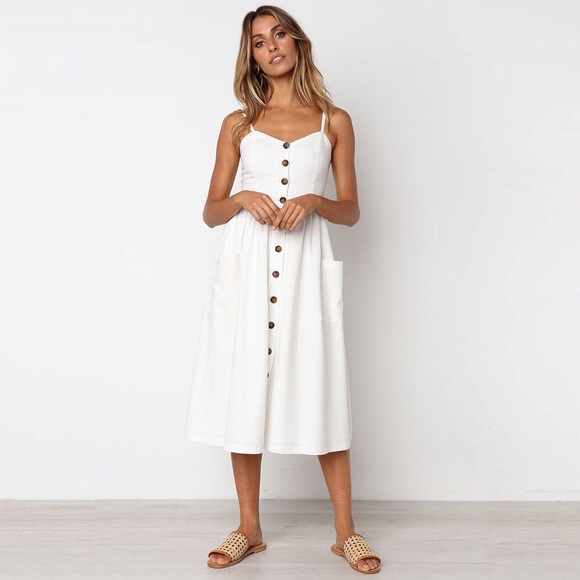 🆕Demi Ivory Button Front Linen Midi Dress - Picture 3 of 6